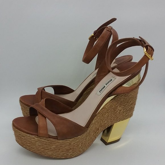 Miu Miu Leather/Raffia Gold Heel Sandals - Picture 2 of 13
